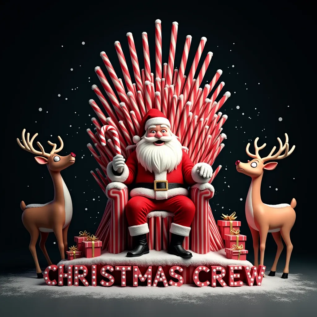 black background,realistic,playful Designfeaturing humorous Santa Claus sitting on a throne made entirely of candy canes.Below the throne, include the text 'Christmas Crew' uppercase font.The throne resemble the iconic Iron Throne from 'Game of Thrones,' with the candy canes arranged in a similar. Santa depicted in a stylized, cartoonish manner, wearing his traditional red suit, and holding a candy cane like a scepter.add two reindeer on both sides. add snowfall, a few different gift boxes at Santa's feet.
