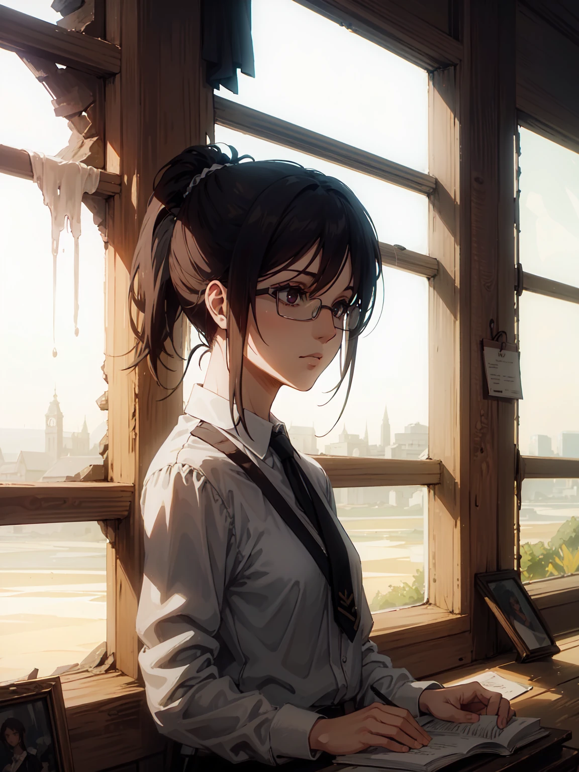 Potrait of beautiful HangeAOT,ponytail,(in full growth:1.4),glasses,1girl, solo,, volumetric lighting, best quality, masterpiece, intricate details, tonemapping