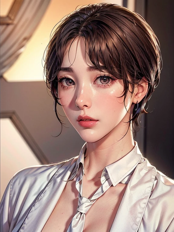 beautiful korean woman wearing white shirt and necktie, short hair, beautiful detailed eyes, beautiful detailed lips, extremely detailed face and portrait, long eyelashes, elegant pose, graceful, charming, young and attractive korean woman, Lee Ji-eun, IU, Suzy, Shin Hye-sun, Chen Xin-tong, bangs, short brown hair, high quality, photorealistic, 8k, masterpiece, portrait, studio lighting, vibrant colors, warm color tone