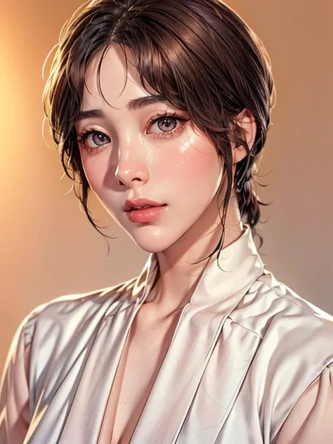 beautiful korean woman wearing white shirt and necktie, short hair, beautiful detailed eyes, beautiful detailed lips, extremely ...