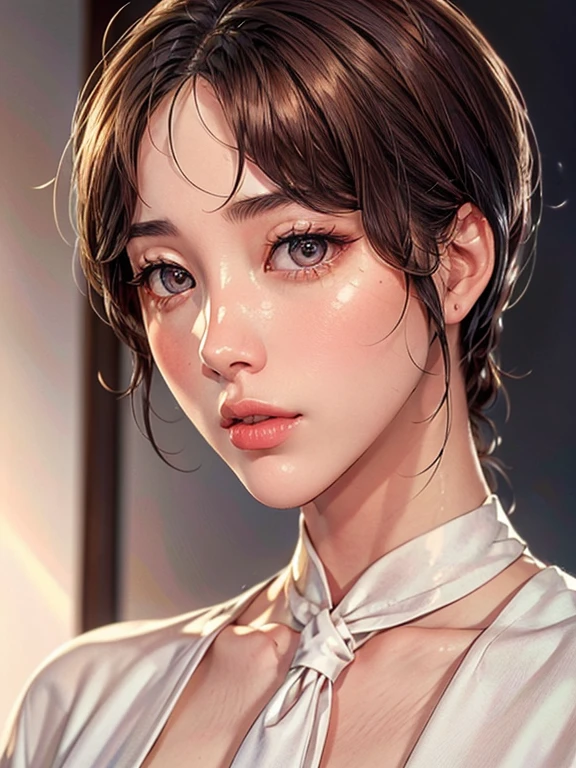 beautiful korean woman wearing white shirt and necktie, short hair, beautiful detailed eyes, beautiful detailed lips, extremely detailed face and portrait, long eyelashes, elegant pose, graceful, charming, young and attractive korean woman, Lee Ji-eun, IU, Suzy, Shin Hye-sun, Chen Xin-tong, bangs, short brown hair, high quality, photorealistic, 8k, masterpiece, portrait, studio lighting, vibrant colors, warm color tone