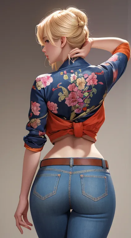 a beautiful blonde girl in jeans, rear view of her waist, akimbo, j.c. leendecker art style, anime aesthetic, vibrant colors, hi...