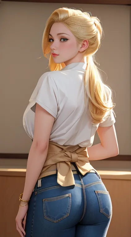 a beautiful blonde girl in jeans, rear view of her waist, akimbo, j.c. leendecker art style, anime aesthetic, vibrant colors, hi...