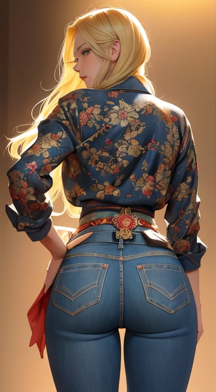 a beautiful blonde girl in jeans, rear view of her waist, akimbo, J.C. Leendecker art style, anime aesthetic, vibrant colors, highly detailed anime style, studio lighting, photorealistic, 8k, best quality