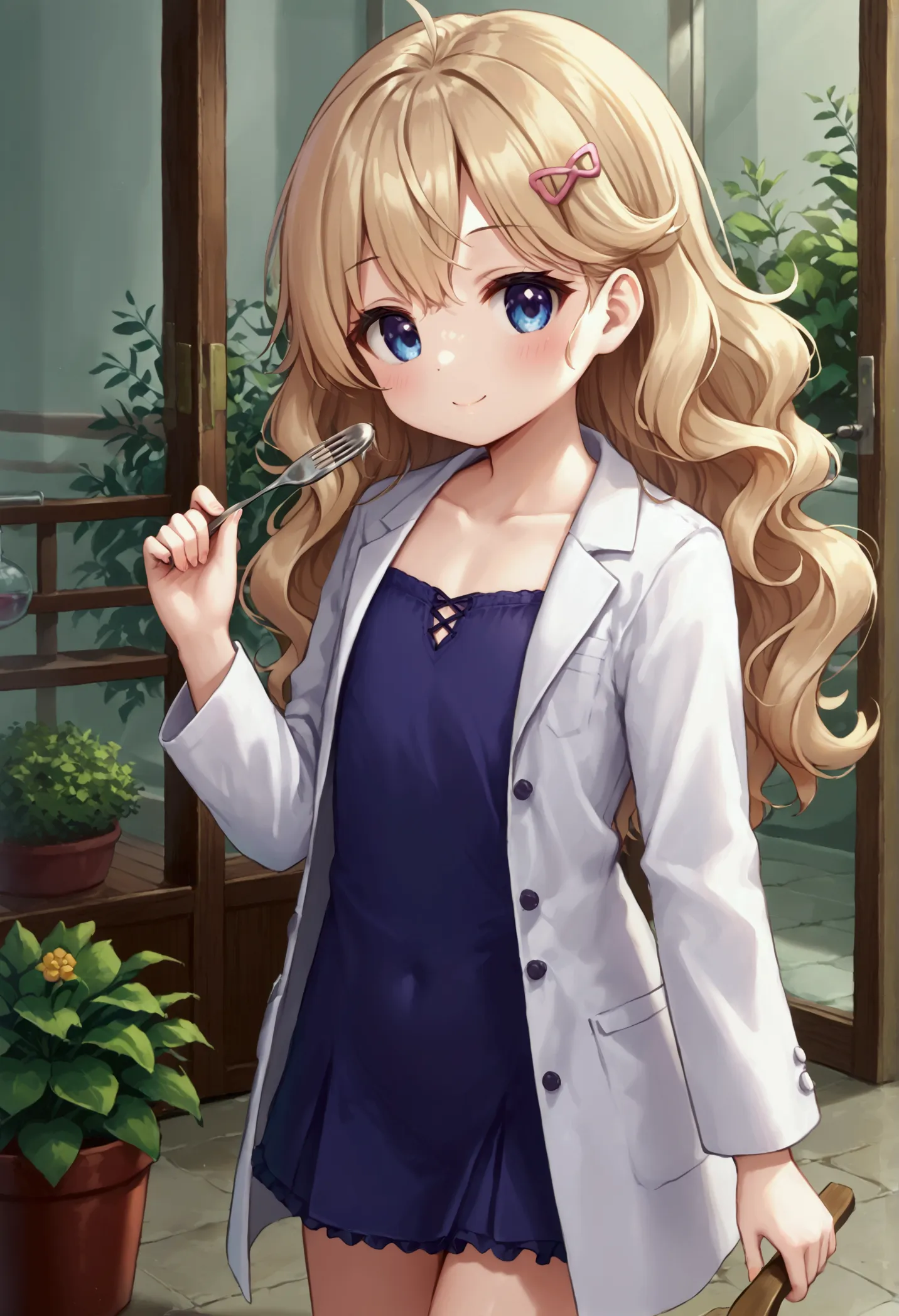 small short young looking girl with a white lab coat on, wearing business casual and a cute short frilly skirt under the lab coa...