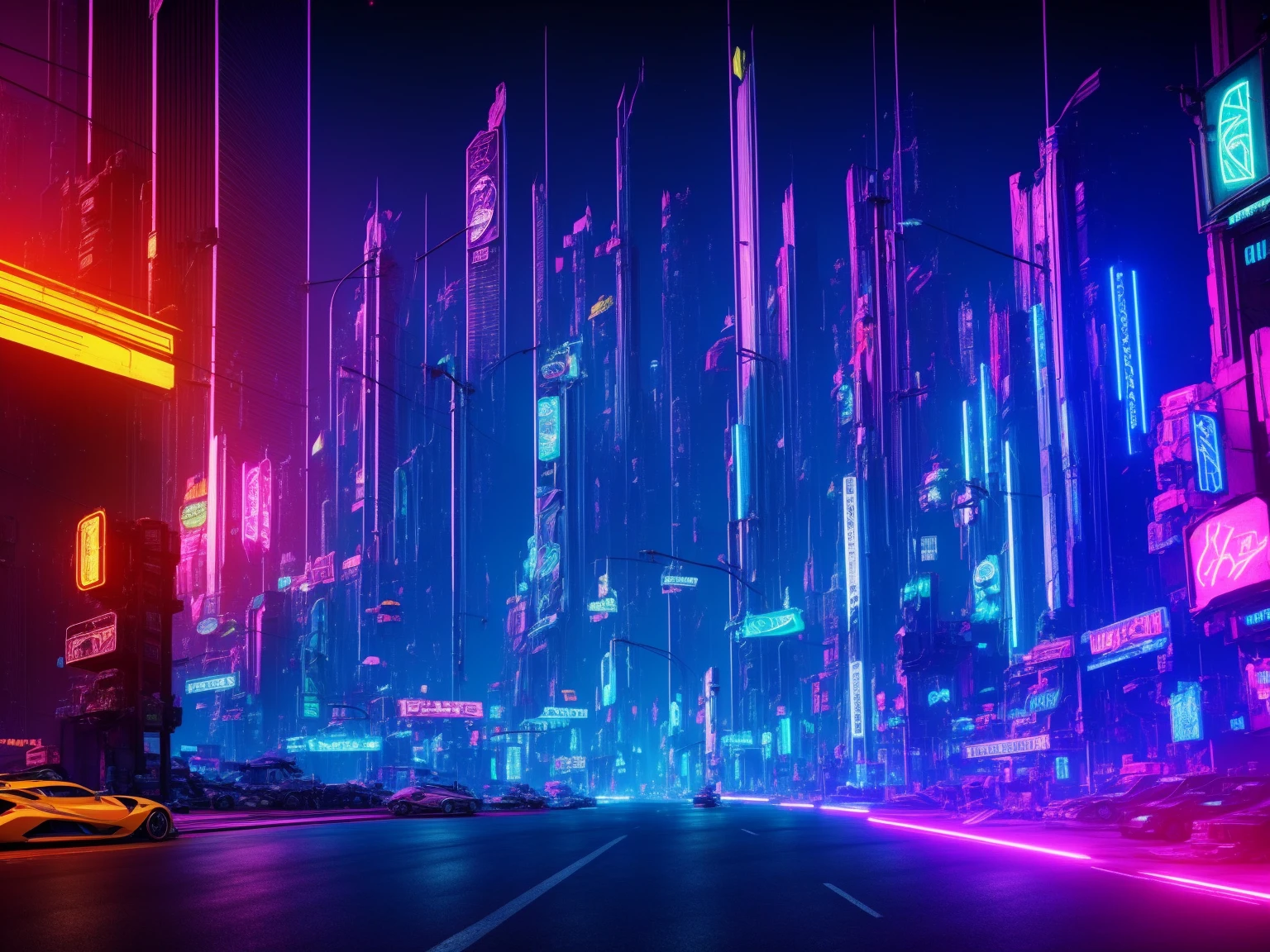 Buildings，Thousands of cars，Congested cities，Colorful neon lights，Colorful billboards，cyber punk character，high qulity，fantasy concept art，unreal-engine，nighttime scene，The contrast is clear，3d，complexdetails，8K resolution