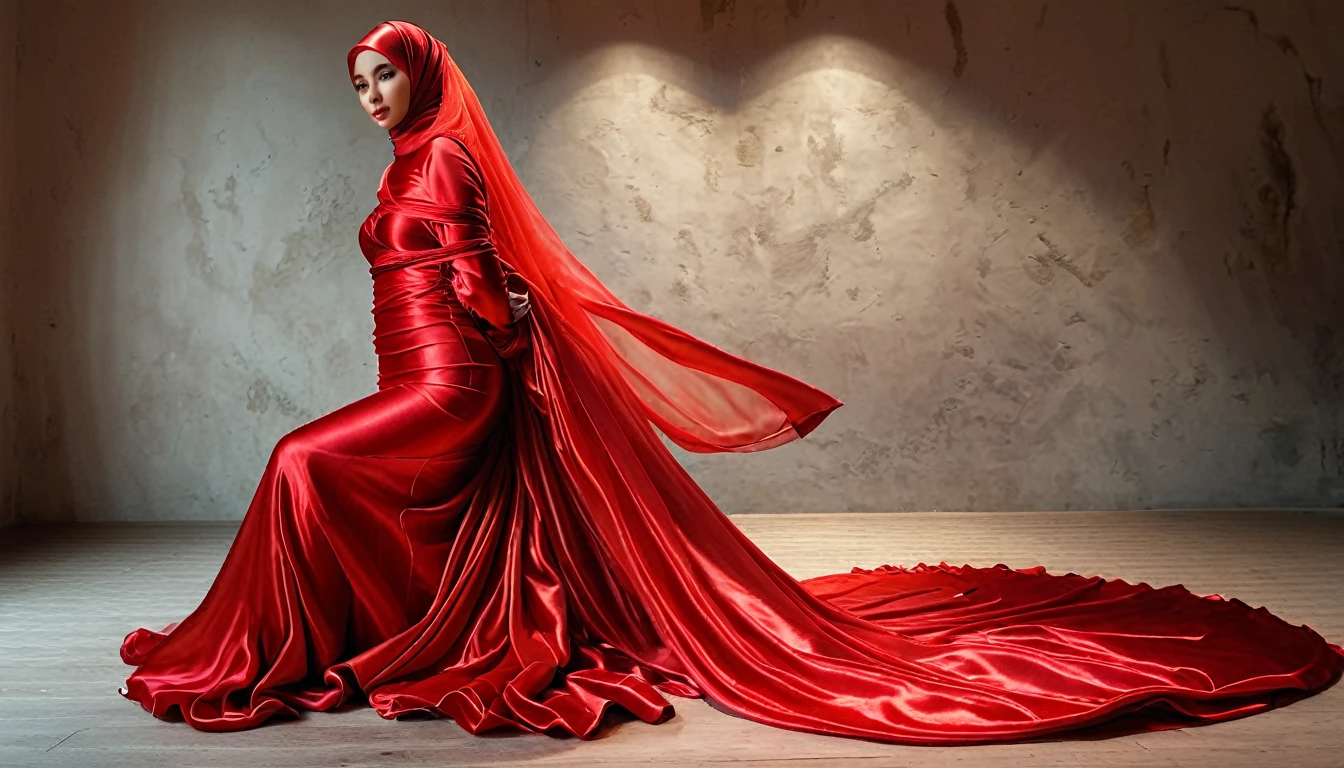 A woman shrouded in a 10-meter-long, plush red semi transparent satin shimmer cloth, tightly bound and grandly draping along the form of her body, poof style on the bottom outfit, flowing off into a pooled floor-length train, styled in a mermaid-inspired outfit, her head modestly veiled in a satin hijab, tall woman, walking in traditional vilage, a full-body pose conveying a sense of mysterious elegance, captured in a 4k resolution, ultra-realistic