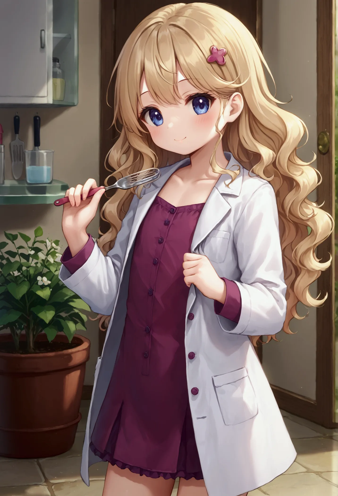 small short young looking girl with a white lab coat on, wearing business casual and a cute short frilly skirt under the lab coa...