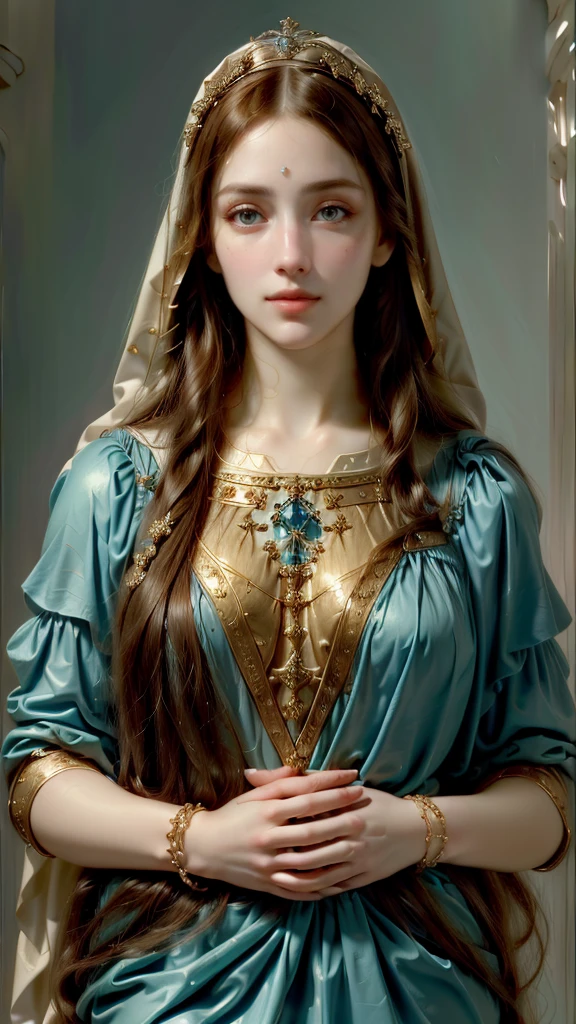 a close up of a woman wearing a blue and orange dress, in high renaissance style, Portrait of the Virgin Mary, in renaissance style, realistic renaissance portrait, majestic holy woman, renaissance digital painting, beautiful jewish woman, inspired by Alexandre Cabanel, adorned with precious stones, work of art! Portrait of Arwen, high quality portrait, inspired by Hubert van Eyck, (full body:1.8), (upper body up:0.3), (hyper realistic:1.4), (realistic:1.3), (best quality real texture skin), detailed eyes, detailed face, PERSEPHONE, 
