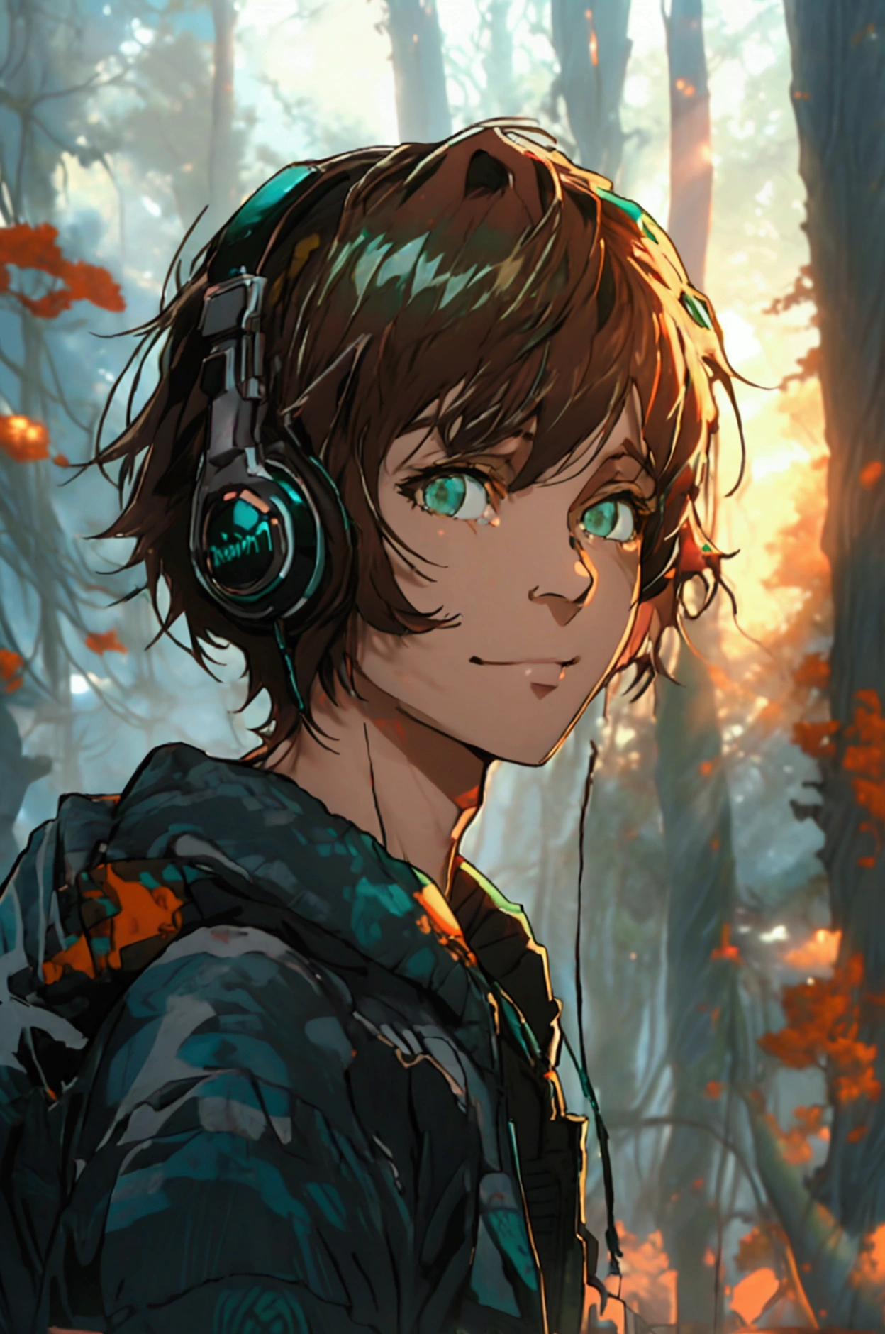 Man average height Brown hair, Slightly straight and messy Kind eyes with emerald green irises Slight smile Light skin Urban and colorful clothing style Slightly athletic build Manga style Dark environment Detailed image background in gray and light blue tones Forest at sunset With headphones 