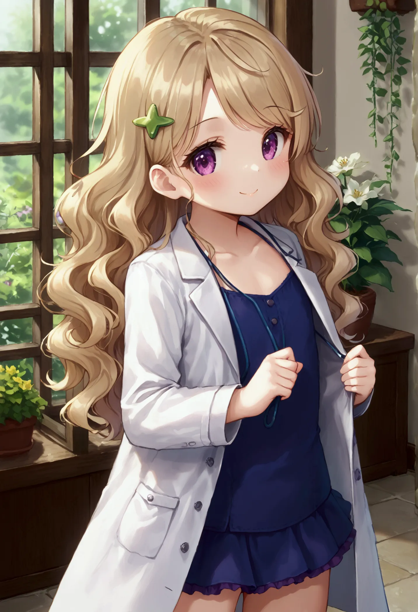 small short young looking girl with a white lab coat on, wearing business casual and a cute short frilly skirt under the lab coa...