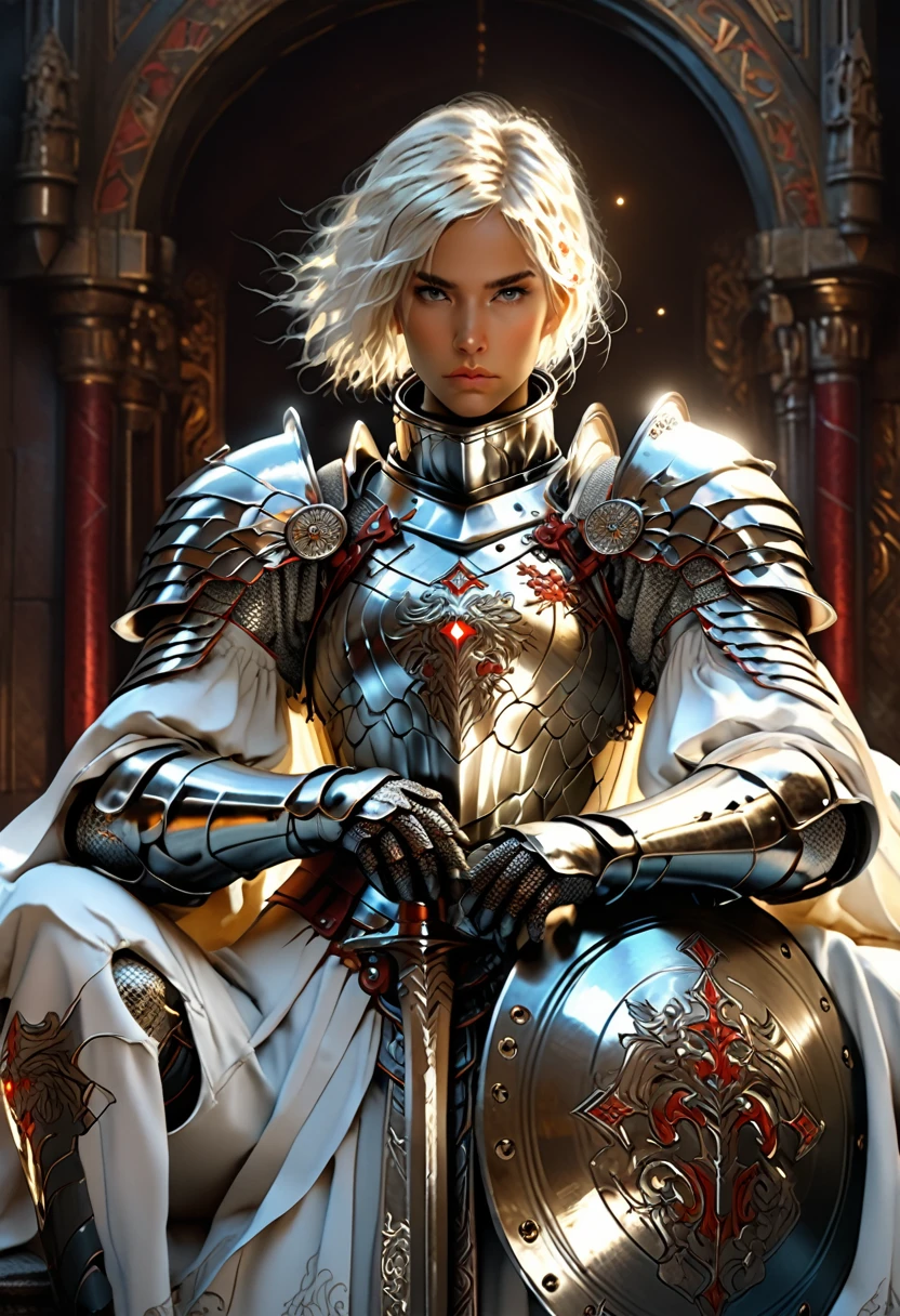 breathtaking A Very detailed Digital Painting of a powerful knight in armor holding a large, Shield decorated with heroic poses, An extremely detailed full-body knight in shiny silver armor with intricate patterns, Stand in a dramatic pose, Huge in one hand, A circular shield with a glowing emblem in the center, The shield is inscribed with beautiful scrollwork and runes., Shining metal, Cinema Lighting, An illustration：ArtJam、Greg Rutkowski、Alphonse Mucha, Digital Painting . Award-winning, Professional, Very detailed, Detailed Matte Painting, Dark color, Fantasy, Intricate details, Splash screen, Complementary Color, Fantasy Concept Art, 8k resolution trending on Artstation Unreal Engine 5 White short hair female knight