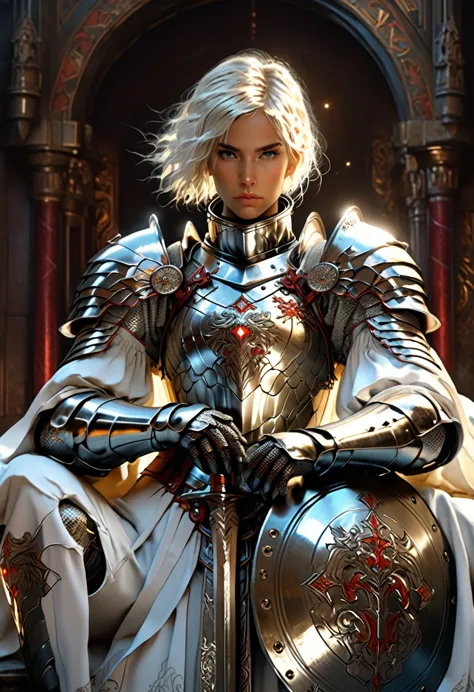 breathtaking a very detailed digital painting of a powerful knight in armor holding a large, shield decorated with heroic poses,...