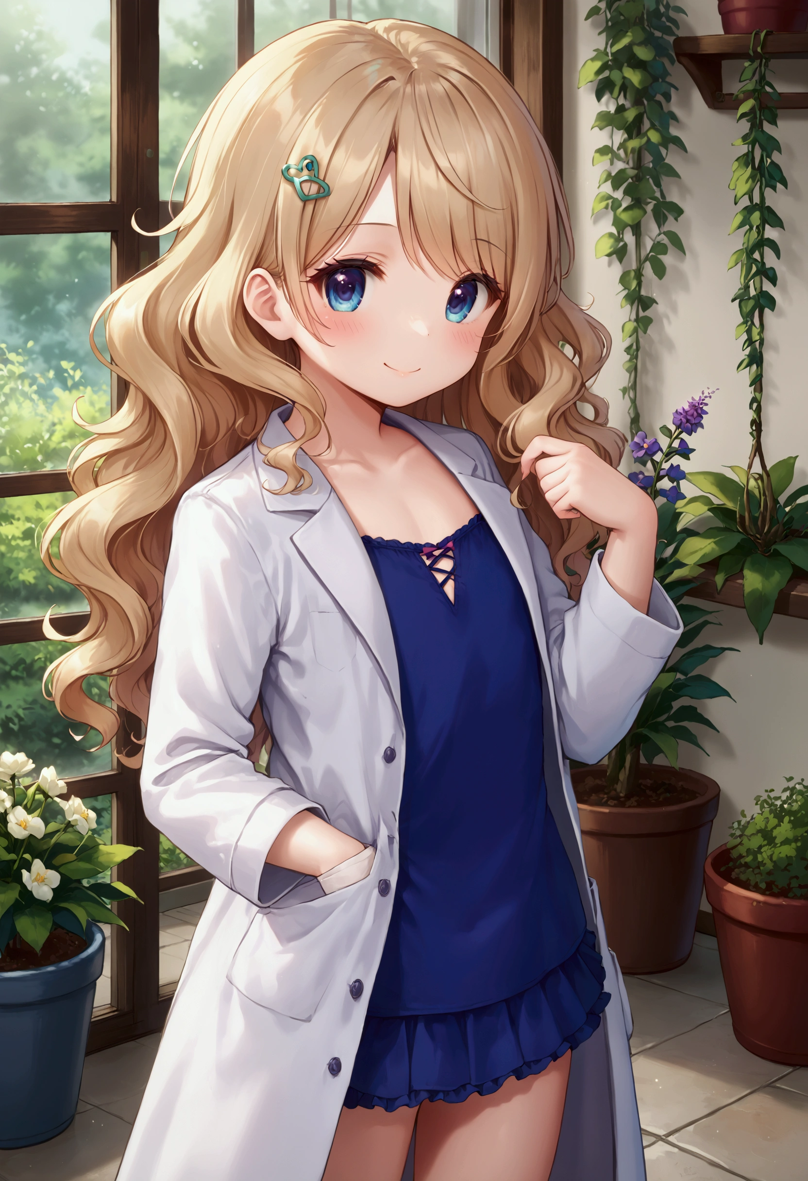 Small short young looking girl with a white lab coat on, wearing business casual and a cute short frilly skirt under the lab coat, long wavy hair, light blonde hair color, detailed curves, has scalpels in her lab coat pockets, flat chested, standing in a garden with a cute pose, cute hair pin, being playful and flirting.