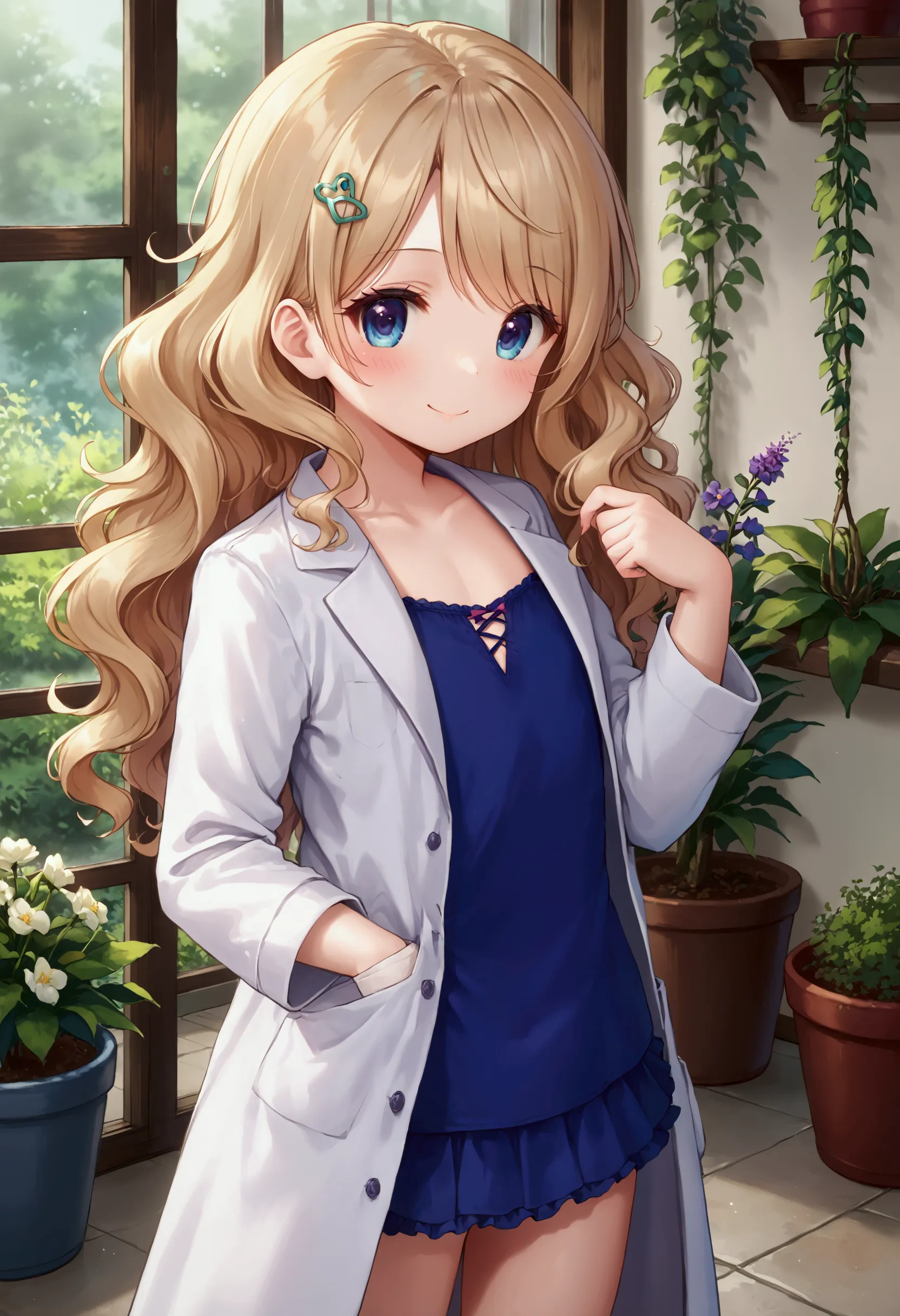 small short young looking girl with a white lab coat on, wearing business casual and a cute short frilly skirt under the lab coa...