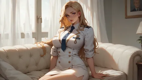 a sexy blonde girl with a voluptuous body wearing a new short naval dress uniform, it&#39;s too sexy and sensual, it has white l...