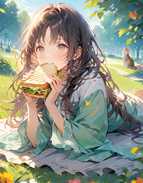 ((highest quality)), ((masterpiece)), (detailed), 8k、picnic in the park: 「a woman on a blanket on the grass in the park、a scene ...