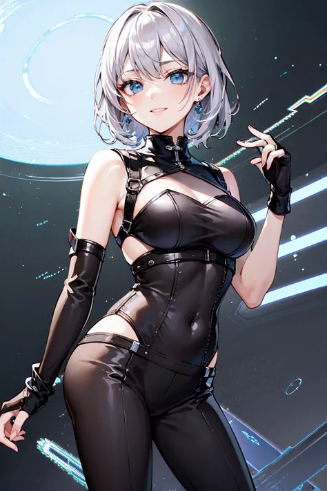 silver hair　front view　smile　vtuber　dim atmosphere　cool modern clothes