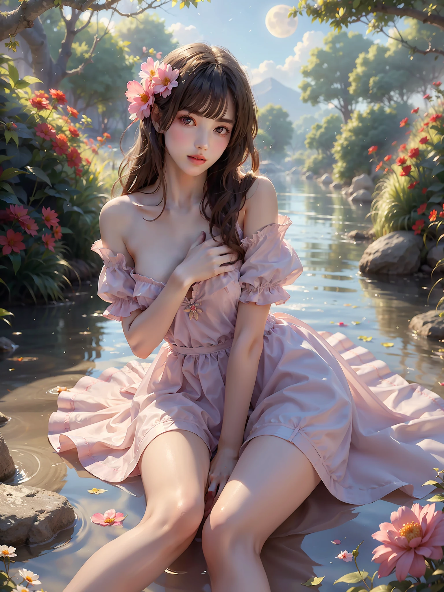 wearing puff_dress (High quality details), 1 Girl, solo, Young women, Elegant Posture, ((night, moonlight)), (Female figure，Lying in the water naturally，River Water，rock, Relaxed expression), (Focus on natural body posture and correct anatomy:1.3), (Perfect leg proportions:1.3)，(True and accurate leg shape:1.2), ((Natural leg position)), The skirt is very short, One hand stroked the hem of the skirt, Lift the hem of your skirt, Bare shoulders, Natural posture, Soft expression, Exquisite makeup, Soft blush, Bright Eyes, Soft lips, Flower fairy style, ((Anatomically accurate)), (Real natural legs), Smooth skin, Soft lighting, high resolution, 8K Ultra HD, Clear focus, Professional photography effects, Random elegant scenes, Multi-angle shooting