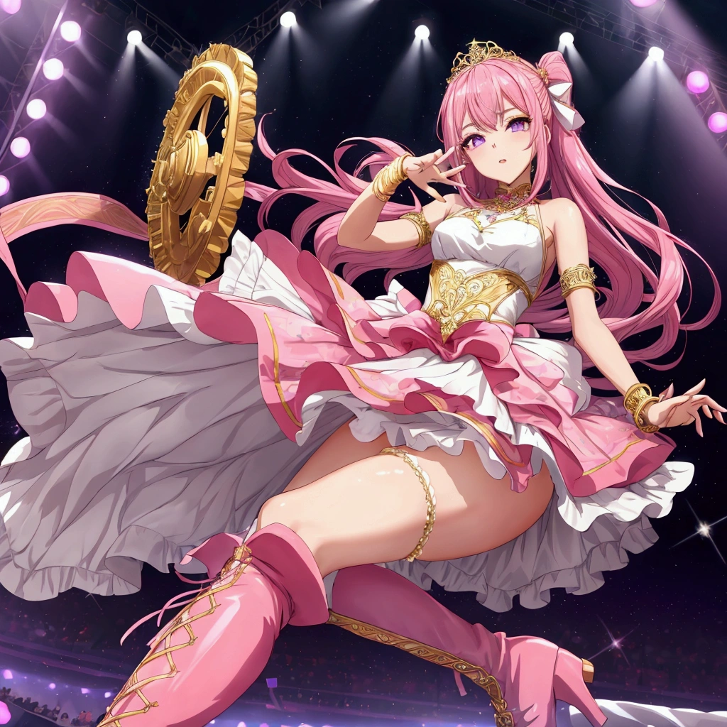 1girl, anime-style, elegant stage outfit, balanced design with both simplicity and glamour, layered skirt with subtle frills, fitted top with delicate lace details and subtle sequin embellishments, vibrant color palette with pink, purple, and gold accents, thigh-high boots with decorative patterns, accessories like ornate bracelets and a small tiara, flowing hair with ribbon, sparkling stage lights, concert setting with soft spotlights, elegant but vibrant atmosphere, glamorous yet not overwhelming，Sporty or streetwear-inspired details