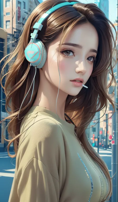 model girl wearing headphones, city background, brown eyes, intricate details, aesthetically pleasing pastel colors, poster back...