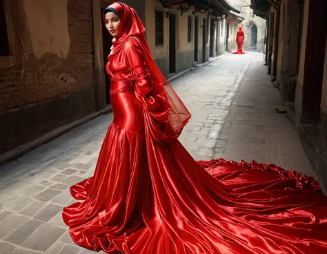 a woman shrouded in a 10-meter-long, plush red semi transparent satin shimmer cloth, tightly bound and grandly draping along the...