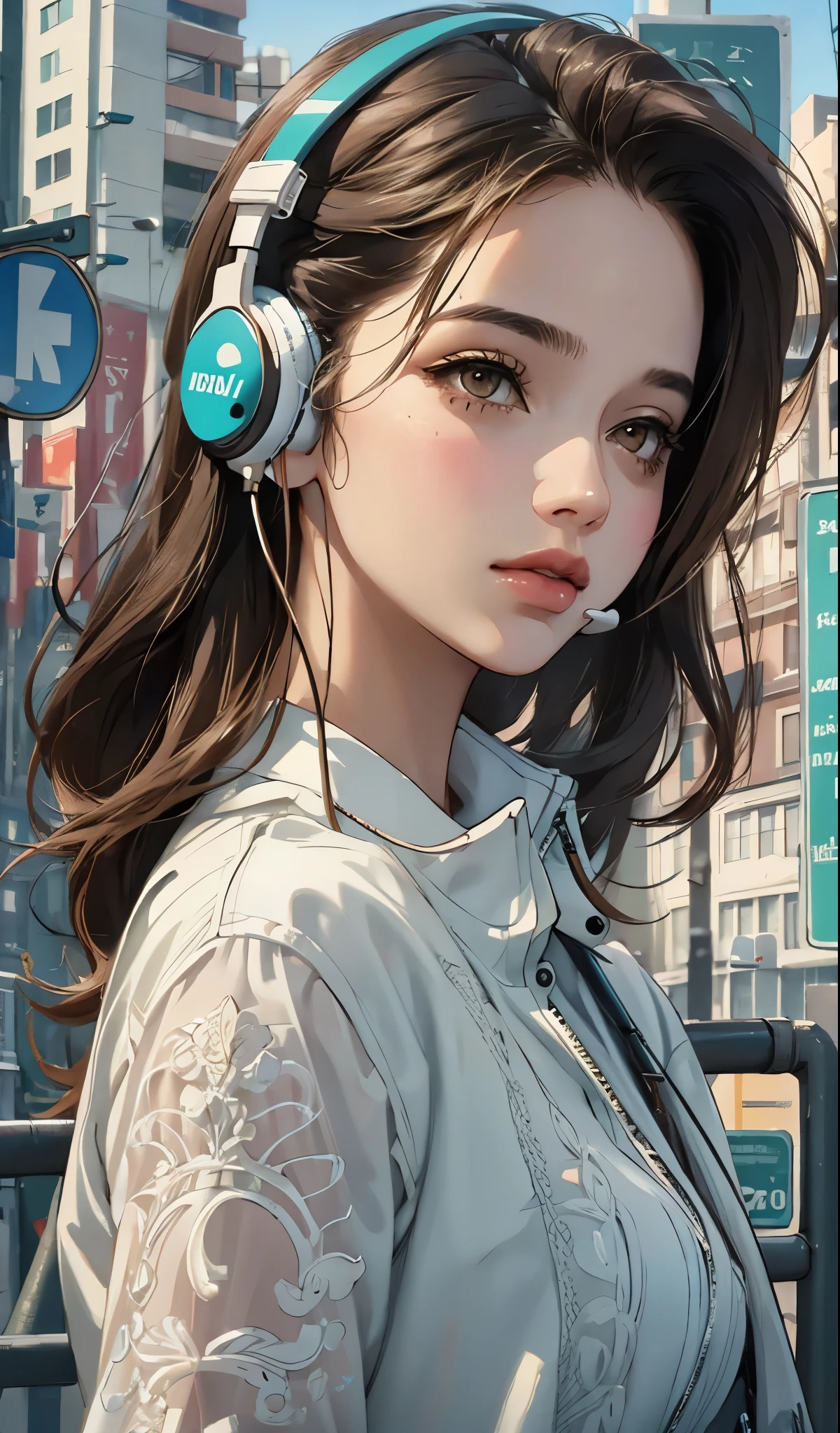 model girl wearing headphones, city background, brown eyes, intricate details, aesthetically pleasing pastel colors, poster background, 