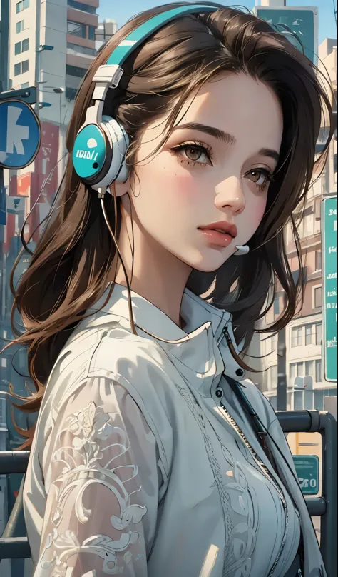 model girl wearing headphones, city background, brown eyes, intricate details, aesthetically pleasing pastel colors, poster back...