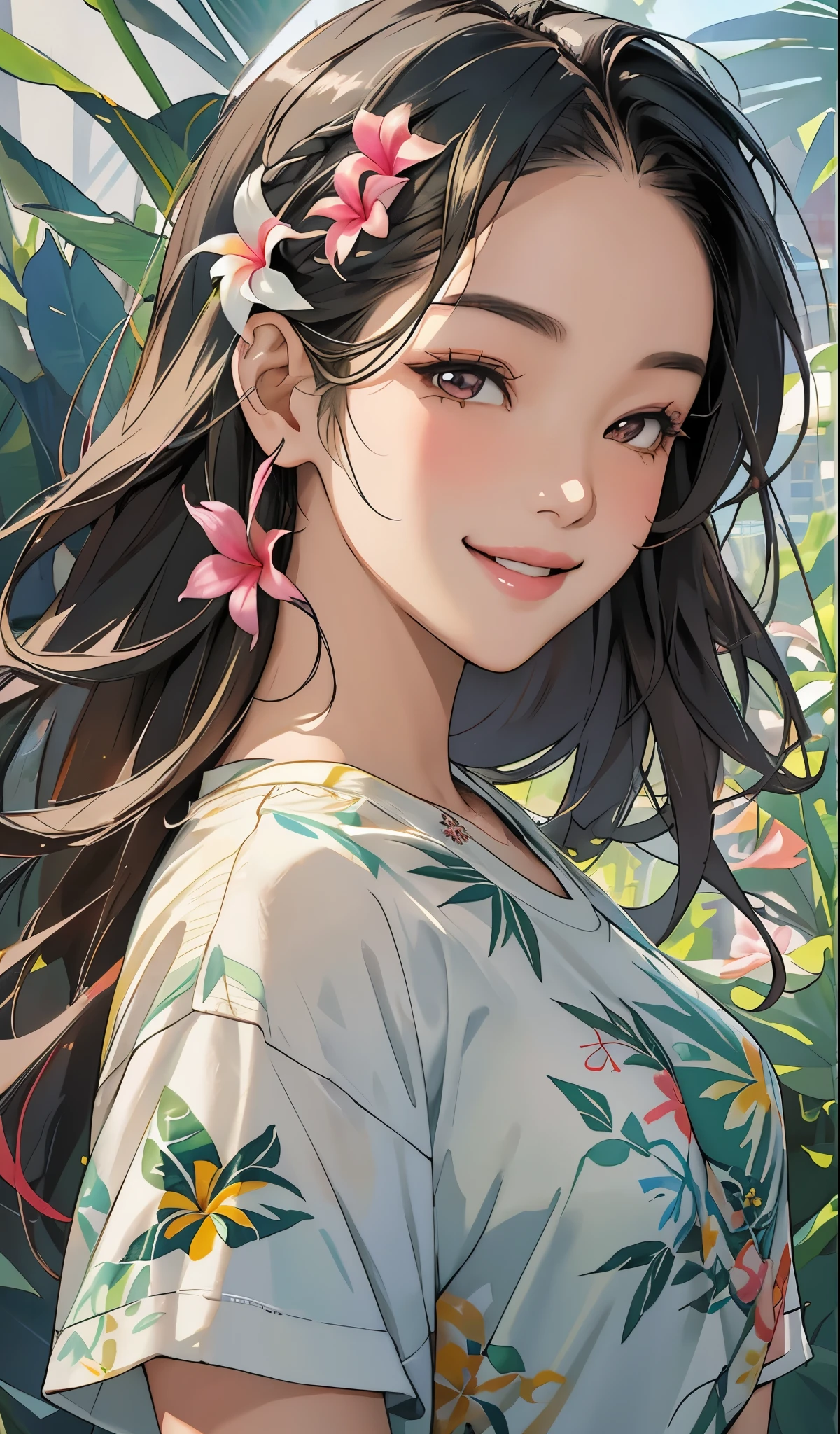 Thai woman wearing plumeria flower design t-shirt and jean shorts, smiling, surrounded by lush tropical foliage. Splash art. Delicate, intricately detailed plumeria flowers in her hair, multicolored locks flowing.