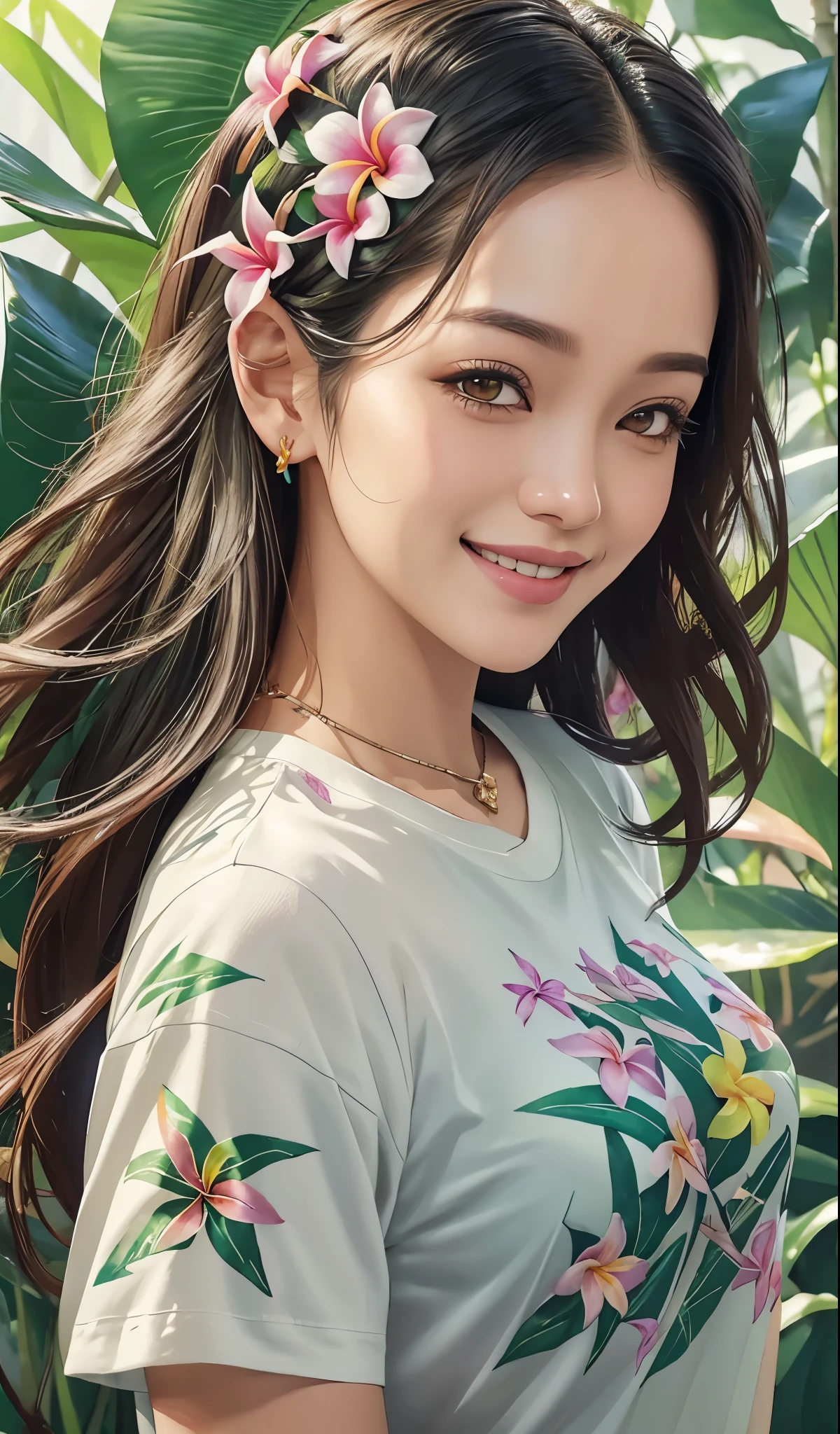 Thai woman wearing plumeria flower design t-shirt and jean shorts, smiling, surrounded by lush tropical foliage. Splash art. Delicate, intricately detailed plumeria flowers in her hair, multicolored locks flowing.