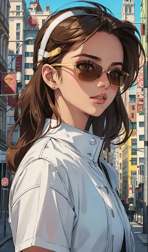 model girl wearing visor sunglasses, city background, brown eyes, intricate details, aesthetically pleasing pastel colors, poste...