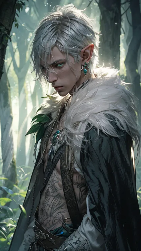 exactly, high details, high quality, hyper detailed, hyper realism, male elf, pointed ears, silver white hair, emerald eyes, gre...