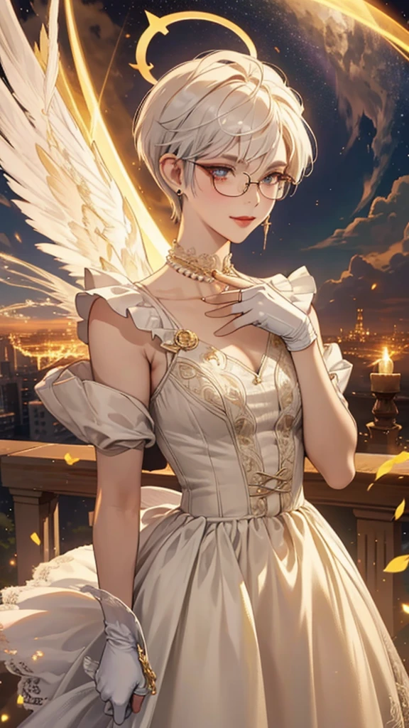 8k, masterpiece, best quality, highly detailed, 1 girl, tiefling, warlock, pixie cut, multicolored hair, very short straight hair red highlight hair on white hair, strippled hair, wearing glasses, round glasses, earrings, red eyeshadow, long eyelashes, blushed cheek, red lips, pearl necklace, rings, collarbone, mole on face, glamorous, white and gold clothes, sleeveless, laced dress, smirk, close up view, rings, looking at viewer, demon horns, solo, starry sky, radiant gold moon, standing, golden halo, white lace gloves, heavenly scene, halo, holy palace in background.