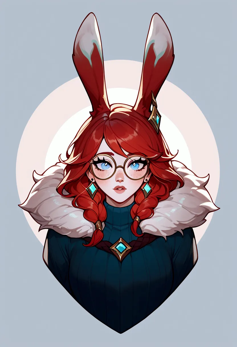 score_9, score_8_up, score_7_up, aurora (league of legends), 1 girl, blue eyes, red hair, freckles, bunny ears, round glasses, s...