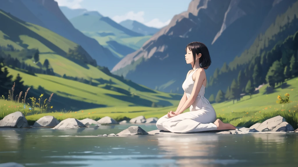 ((masterpiece)), 1woman, full body, from front, solo,close eyes, smile, dynamic hair,blurry,blurry background, dynamic nature location ,lips, sitting in meditation conveys a sense of: - Inner peace - Calmness - Focus - Mindfulness - Serenity - dynamic dress