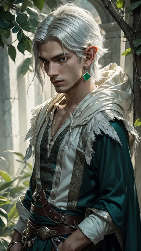 exactly, high details, high quality, hyper detailed, hyper realism, young male elf, pointed ears, silver white hair, emerald eye...