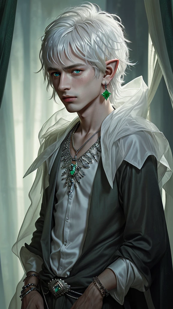 Exactly, High details, high quality, Hyper detailed, hyper realism, young male elf, silver white hair, emerald eyes, green crystal earrings, white silk shirt, shorth hair, jewellery, pointy ears, best quality, High details, High resolution, 