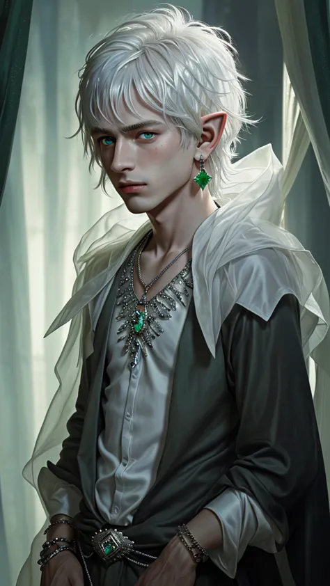 exactly, high details, high quality, hyper detailed, hyper realism, young male elf, silver white hair, emerald eyes, green cryst...