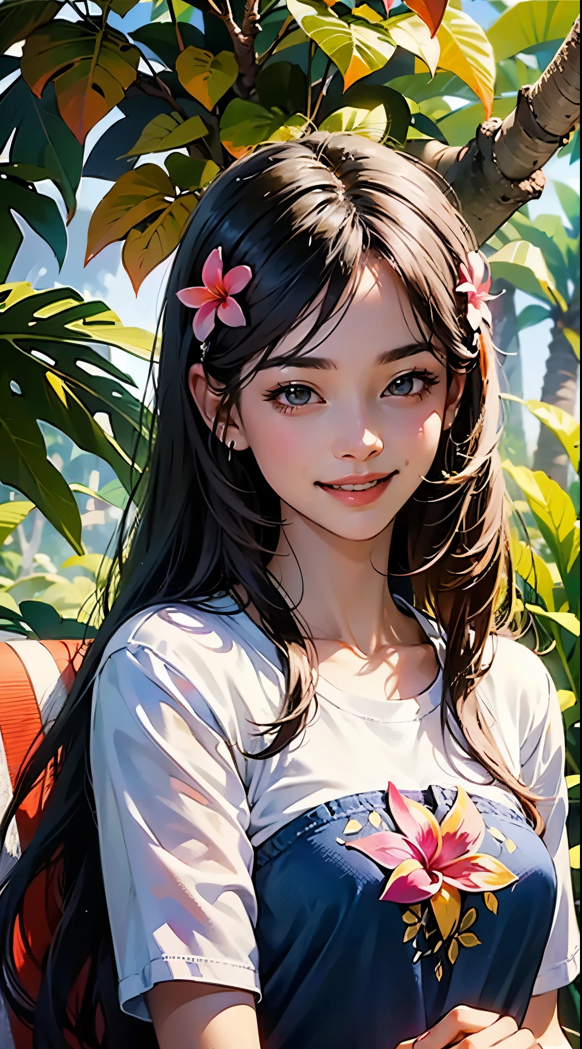 Thai woman wearing plumeria flower design t-shirt and jean shorts, smiling, surrounded by lush tropical foliage. Splash art. Delicate, intricately detailed plumeria flowers in her hair, multicolored locks flowing.