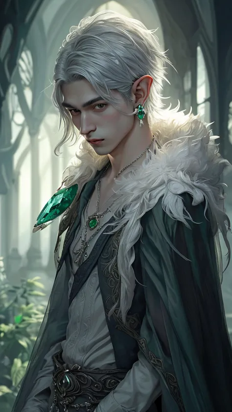 exactly, high details, high quality, hyper detailed, hyper realism, young male elf, silver white hair, emerald eyes, green cryst...