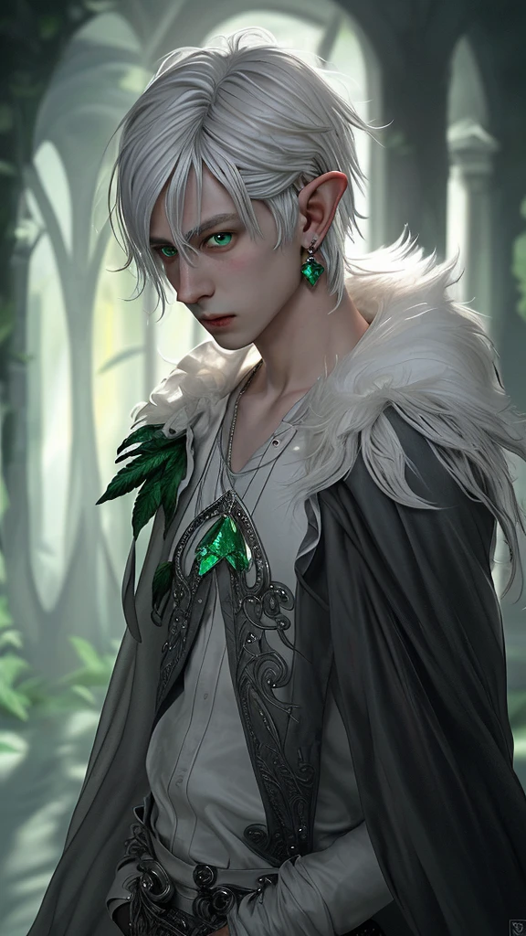 Exactly, High details, high quality, Hyper detailed, hyper realism, young male elf, silver white hair, emerald eyes, green crystal earrings, white silk shirt, shorth hair, jewellery, long pointed ears, 