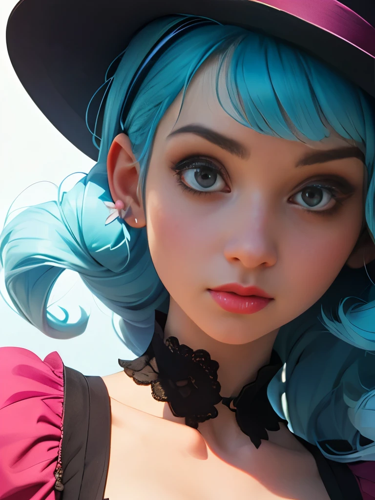 a close up of a woman with a hat and a dress, melanie martinez, her face looks like an orchid, she looks like a mix of grimes, # rococo, old timey, belle delphine, her hair is white, photographed on colour film, beautiful stella maeve magician, with hat, gorgeous stella maeve magician, & her expression is solemn