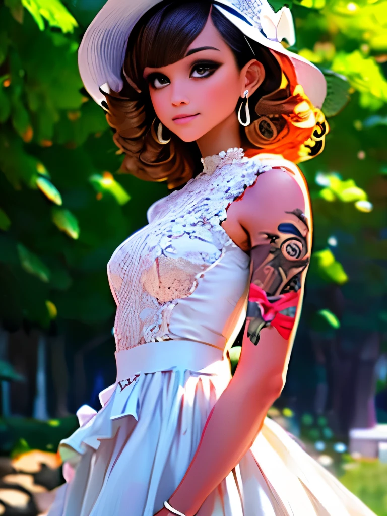 curly hair with two-tone color, white ruffled hat, sleeveless white lace dress, lace material, earrings, side-swept bangs, standing pose, looking slightly down, tattoos visible on arms, outdoor setting, blurred natural background, soft lighting, light from the front, romantic and dreamy atmosphere, shallow depth of field, slightly overexposed.