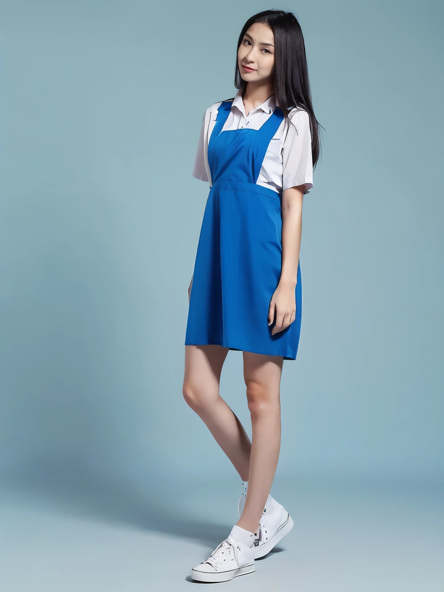 1girl with cute face and black hair, model posing, standing, wearing white shirt, pinafore length over knee, (blue uniform:1.2), wearing black shoes, white background, morning, full body, (masterpiece, top quality, best quality, official art, beautiful and aesthetic:1.2)