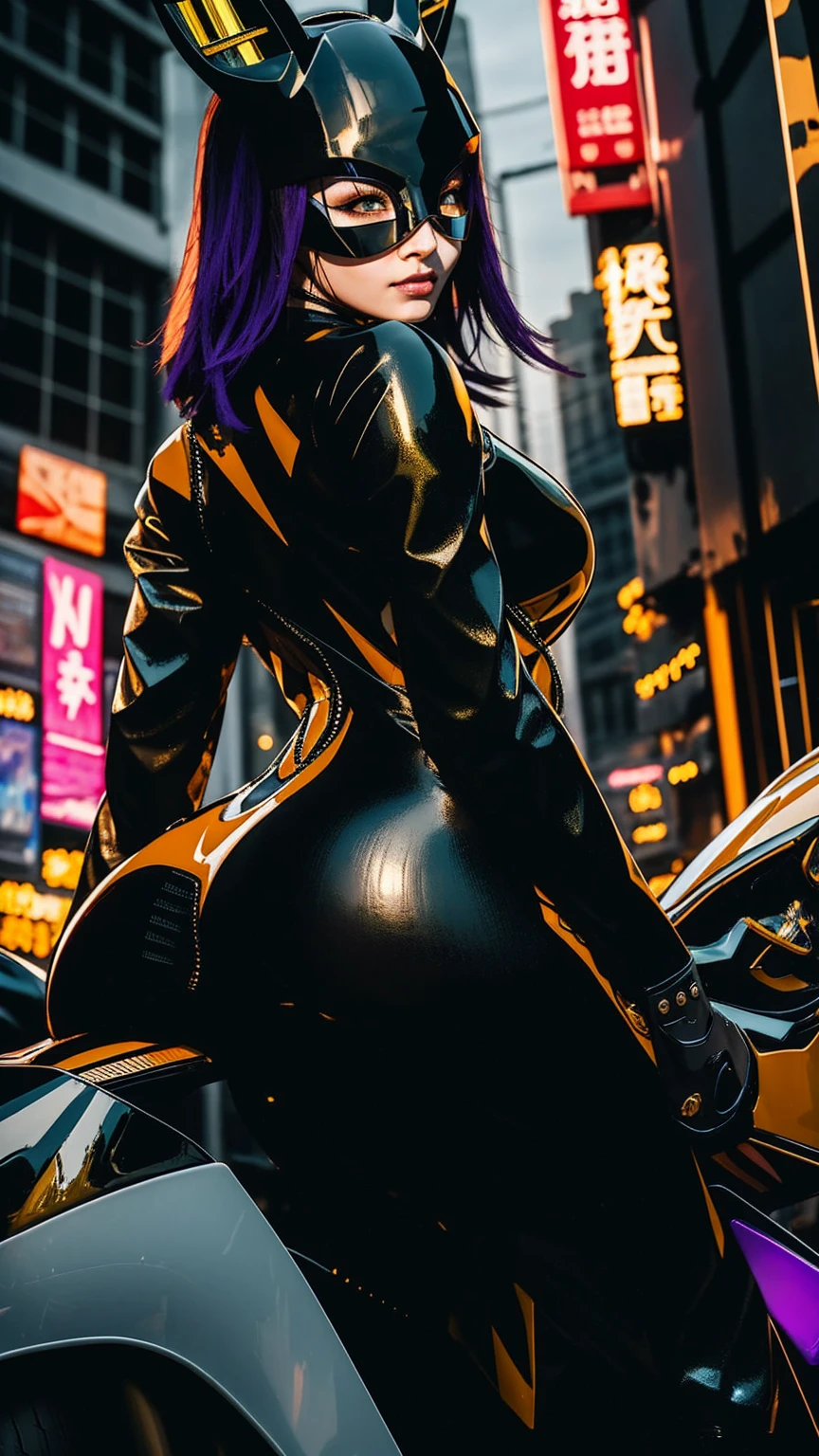  Create an engaging canvas of anime/manga set in a captivating cyberpunk world, featuring a striking female cyborg donning an ancient rabbit Android mask. Imagine a commanding feminine figure riding a sleek futuristic motorcycle while showcasing her athletic physique draped gracefully with a body-hugging neoprene suit that particularly accentuates the curve of her backside. The contrast between the advanced technology of her vehicle and the handcrafted uniqueness of her mask should contribute to dynamic tension within the overall composition. The nighttime setting blurs the boundaries between humanity and artificiality, inviting viewers to reflect on how deeply our own identity can be veiled. All these components will blend harmoniously to pay homage both to the avant-garde spirit of the Cyberpunk genre as well as the sophistication inherent in the Manga/Anime medium.