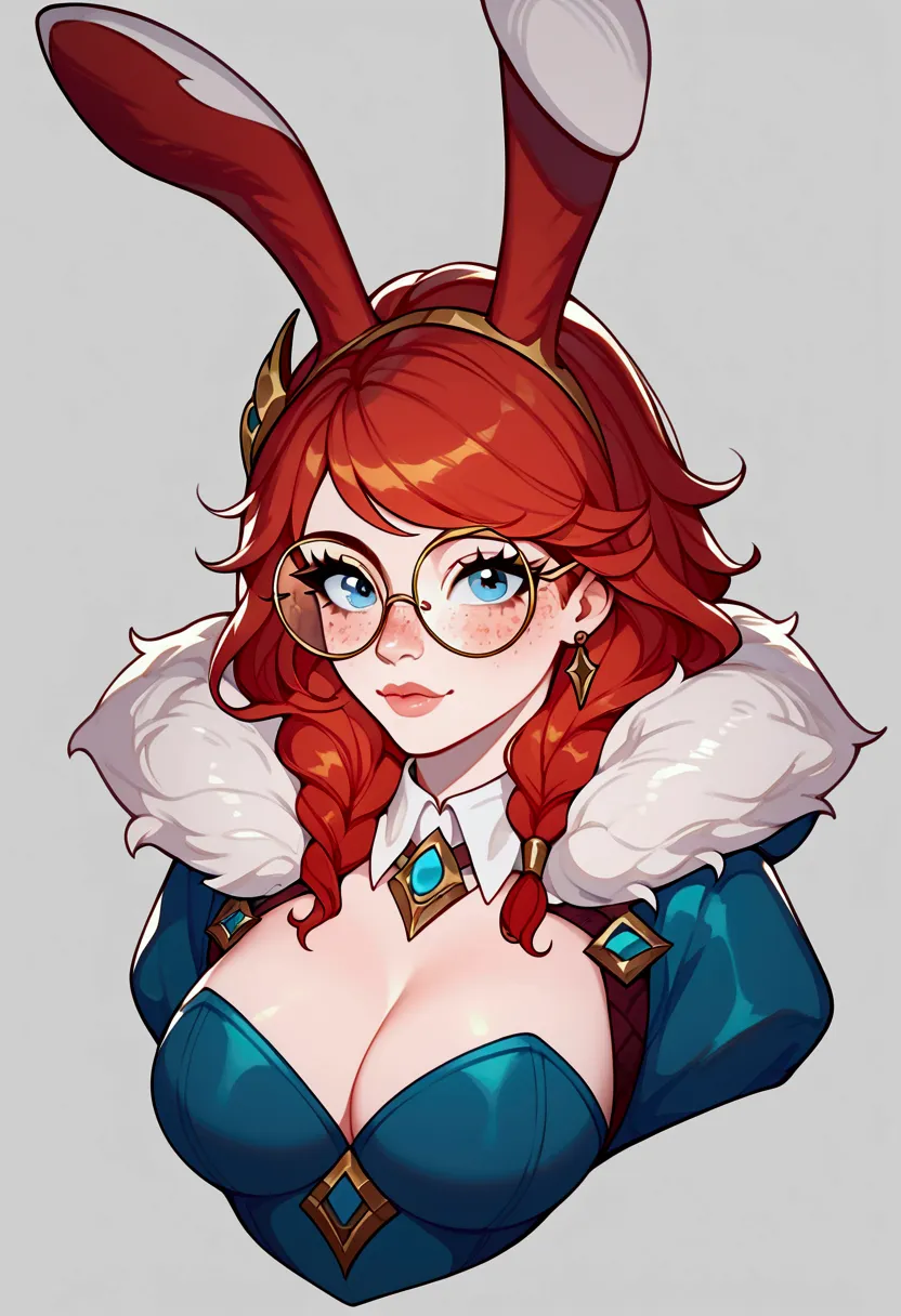 score_9, score_8_up, score_7_up, aurora (league of legends), 1 girl, blue eyes, red hair, freckles, bunny ears, round glasses, s...