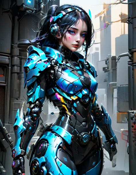 female police officer wearing exoskeleton cyber armor, the armor is tight fitting and he holds a plasma gun in his hand., whole-...