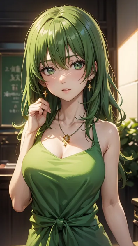 a woman in a green dress、close-up of woman wearing necklace, guweiz style artwork, realistic anime 3d style, beautiful anime por...