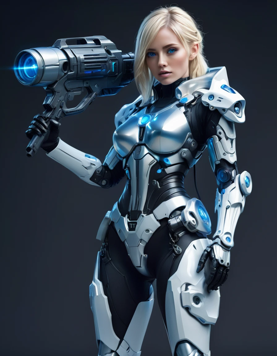 Female police officer wearing exoskeleton cyber armor, The armor is tight fitting and he holds a plasma gun in his hand., Whole-body view, Maximum details, Great quality with detailed drawings, 8k,chest, blue eyes, blue eyes, Look at, Look at, High resolution, Ultra high definition, Highest quality, Shortcuts, 大きなchest, Cinematic light effects, Futuristic, Blonde, 