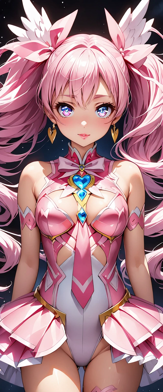 (Perfect Anatomy)、Mastepiece、Ultra High Quality、 8k、masterpiece、Highest quality、Ultra-high resolution、Maximum resolution、Very detailed、Professional Lighting、anime、woman、thin、so beautiful、(((Highly detailed eye)))、(((Very beautiful eyes)))、Highly detailed face、Golden earrings、Pink Hair,、Pink eyes、Mid-chest、Blue jewel on chest, makeup, eyeliner, eye shadow, pink cheek, pink lips, upper arm pink armor, white leotard, pink pattern, magical girl, Angel Girl, Completely naked, (((Tie your whole body in pink ribbon)))